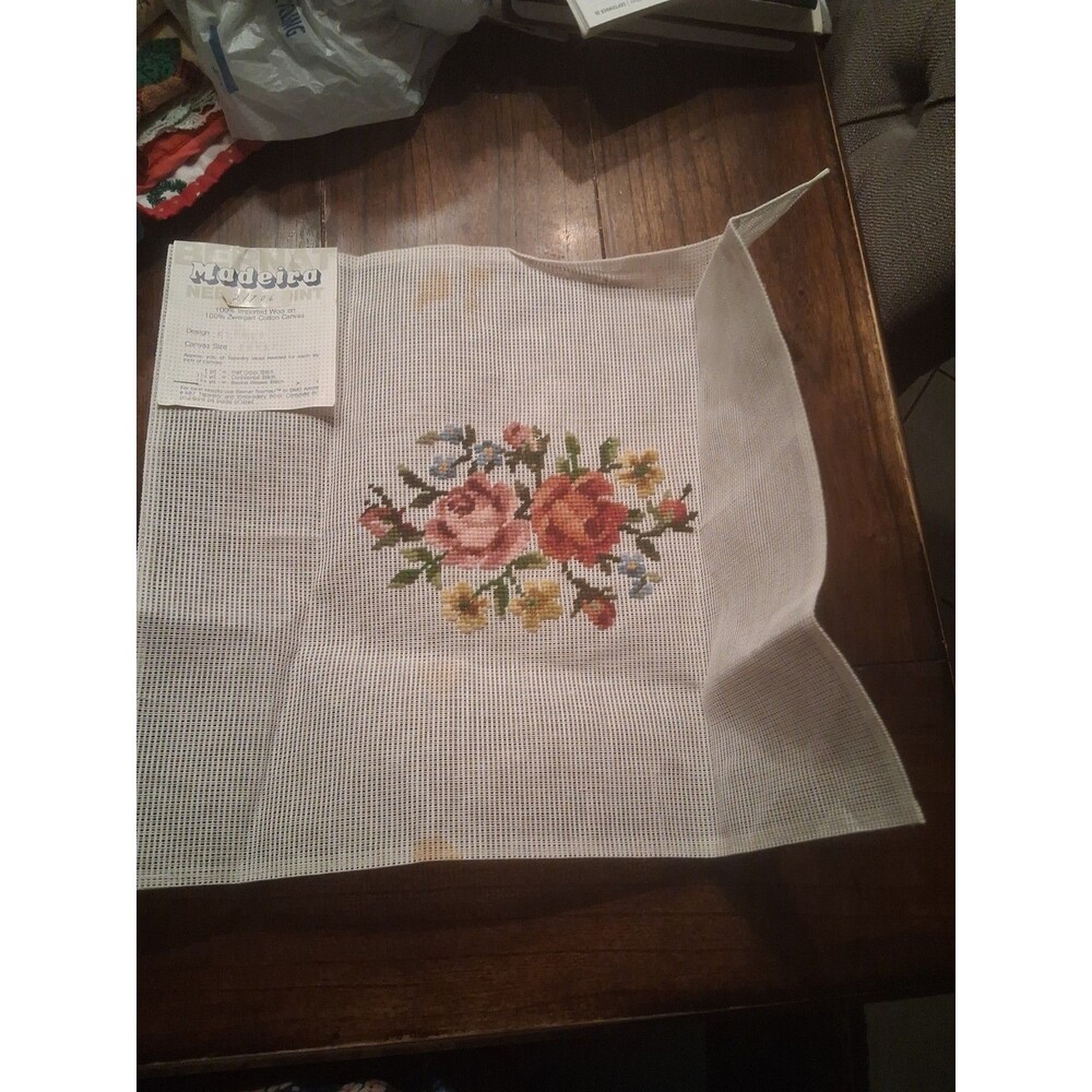 VINTAGE MADEIRA Needlepoint Partially Worked FLORAL TAPESTRY 14x17" 1983
